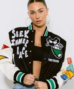 Women's First Row Spring Break Cropped Varsity Jacket Black BLACK