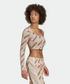 Women's Adidas Originals Long Sleeve Crop Top Halo Blush BEIGE -Women Shop HM4893 5