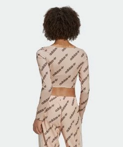 Women's Adidas Originals Long Sleeve Crop Top Halo Blush BEIGE -Women Shop HM4893 7