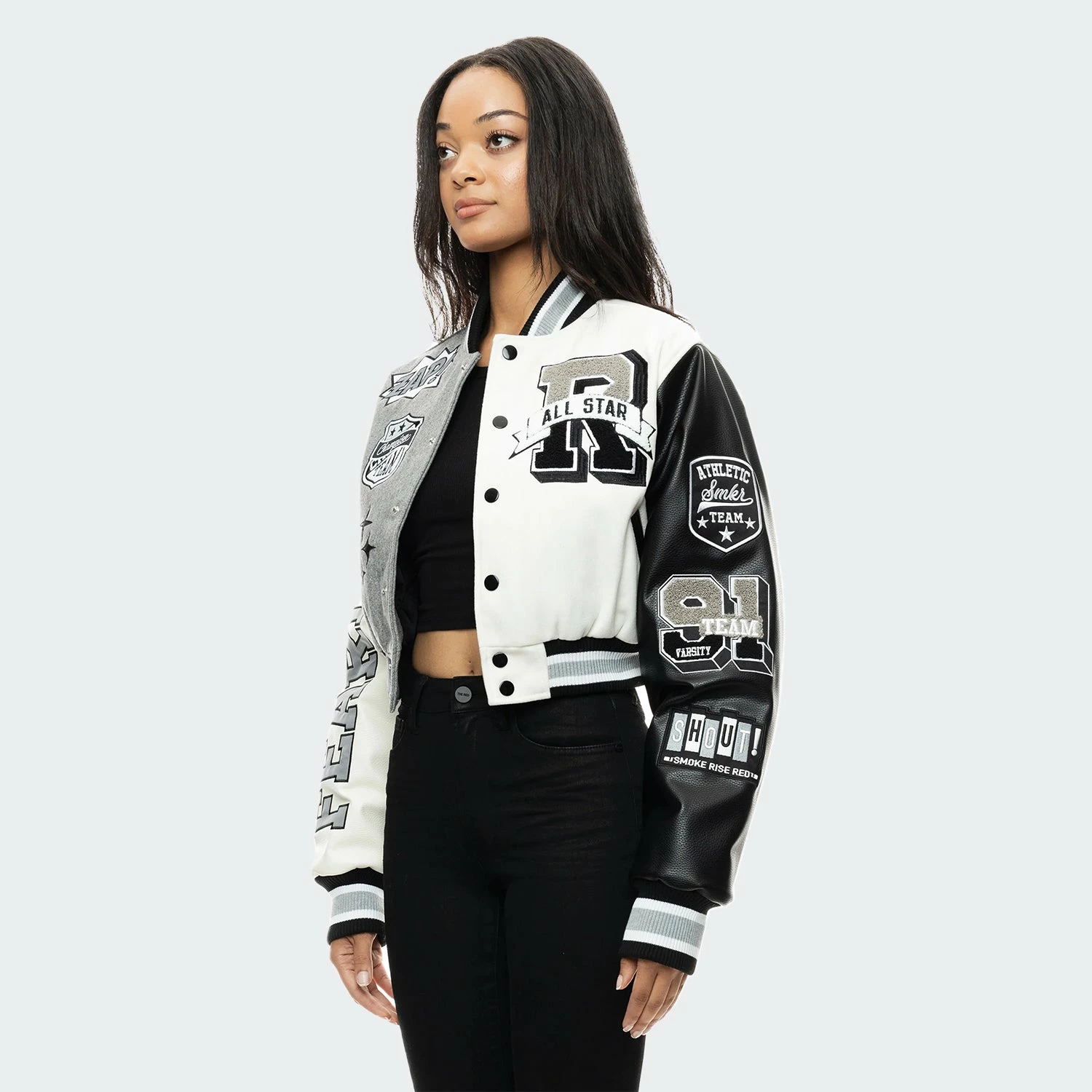 Women's Smoke Rise Melton Wool Crop Fashion Varsity Jacket Light Grey LIGHT GRAY 6 Women's Smoke Rise Melton Wool Crop Fashion Varsity Jacket Light Grey LIGHT GRAY - Image 4