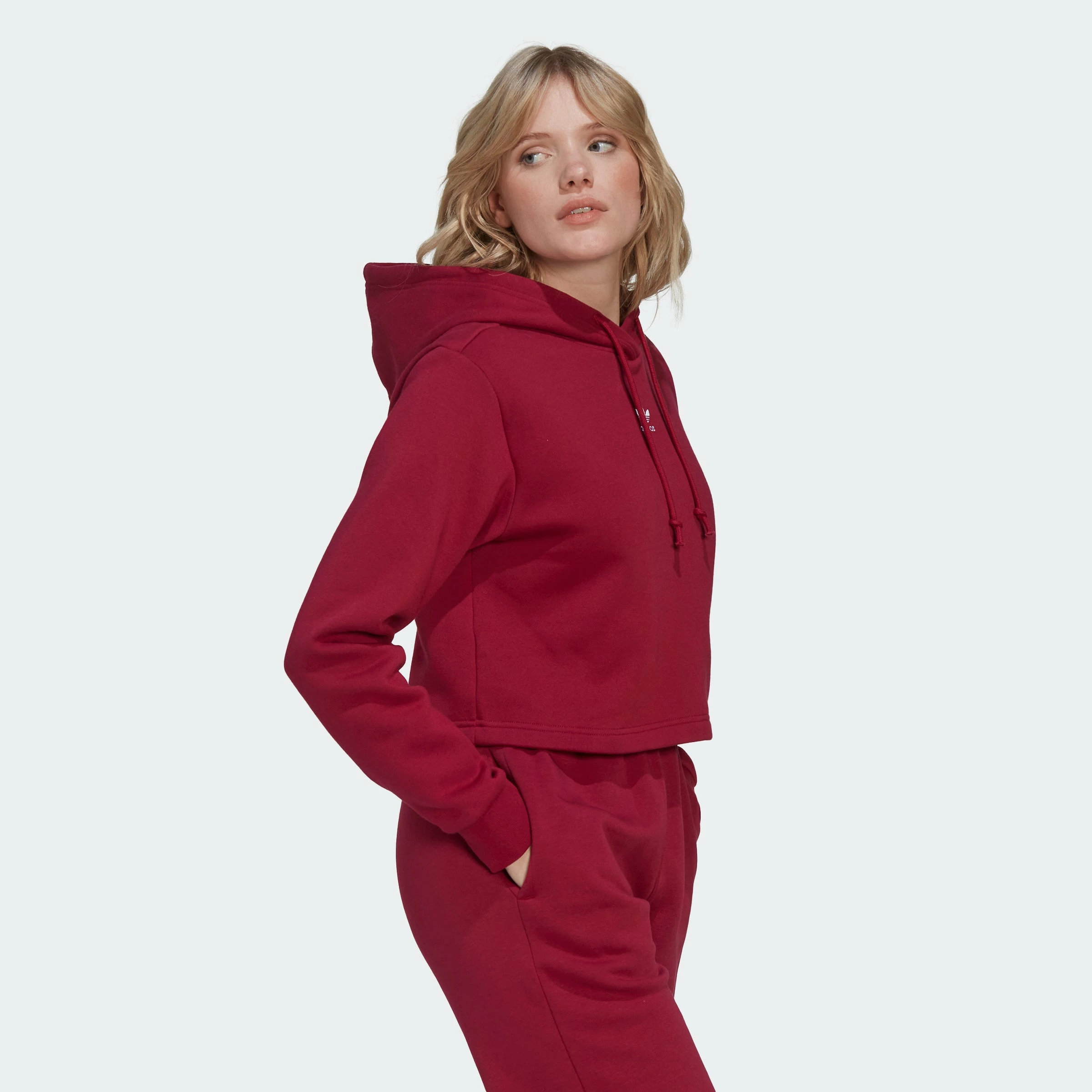 Women's Adidas Originals Adicolor Essentials Crop Fleece Hoodie Burgundy BURGUNDY 5 Women's Adidas Originals Adicolor Essentials Crop Fleece Hoodie Burgundy BURGUNDY - Image 3