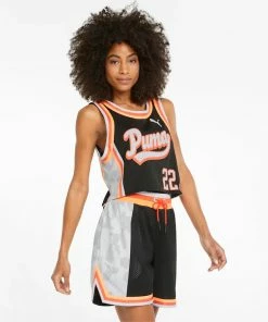 Women's PUMA Ballin' Printed Cropped Basketball Jersey Black BLACK -Women Shop png 4